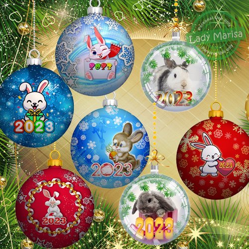 Клипарт на прозрачном фоне - Новогодние шарики с очаровательными кроликами