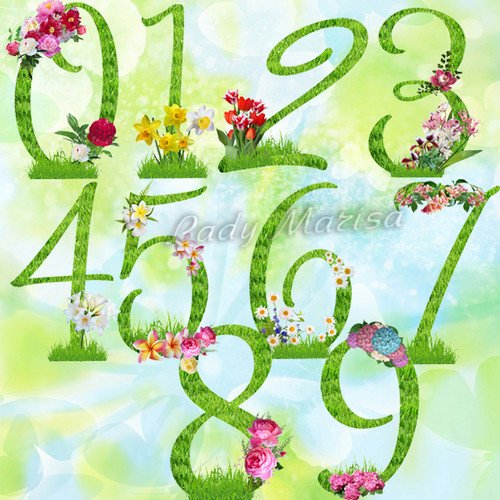 Клипарт на прозрачном фоне - Цифры с цветочным декором