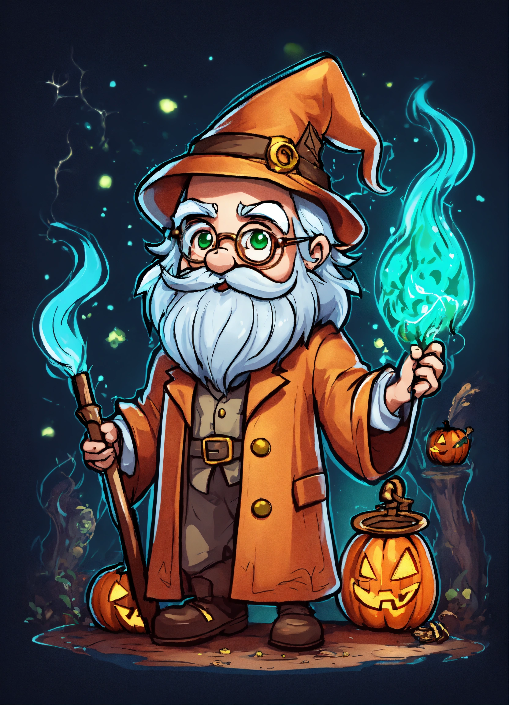 Создайте симпатичного сумасшедшего ученого-волшебника в иллюстрации Хэллоуина