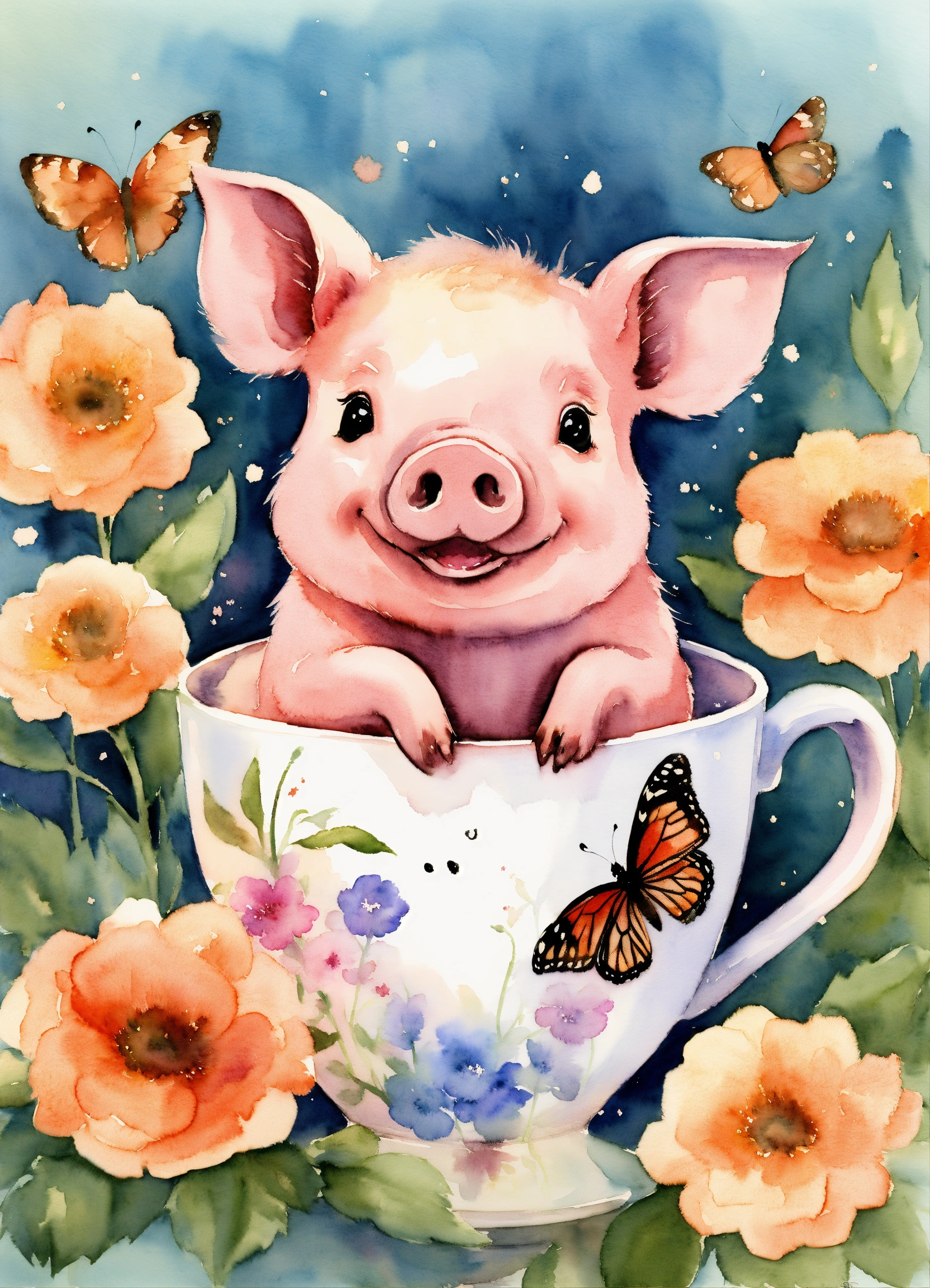 Милая счастливая свинья в чашке