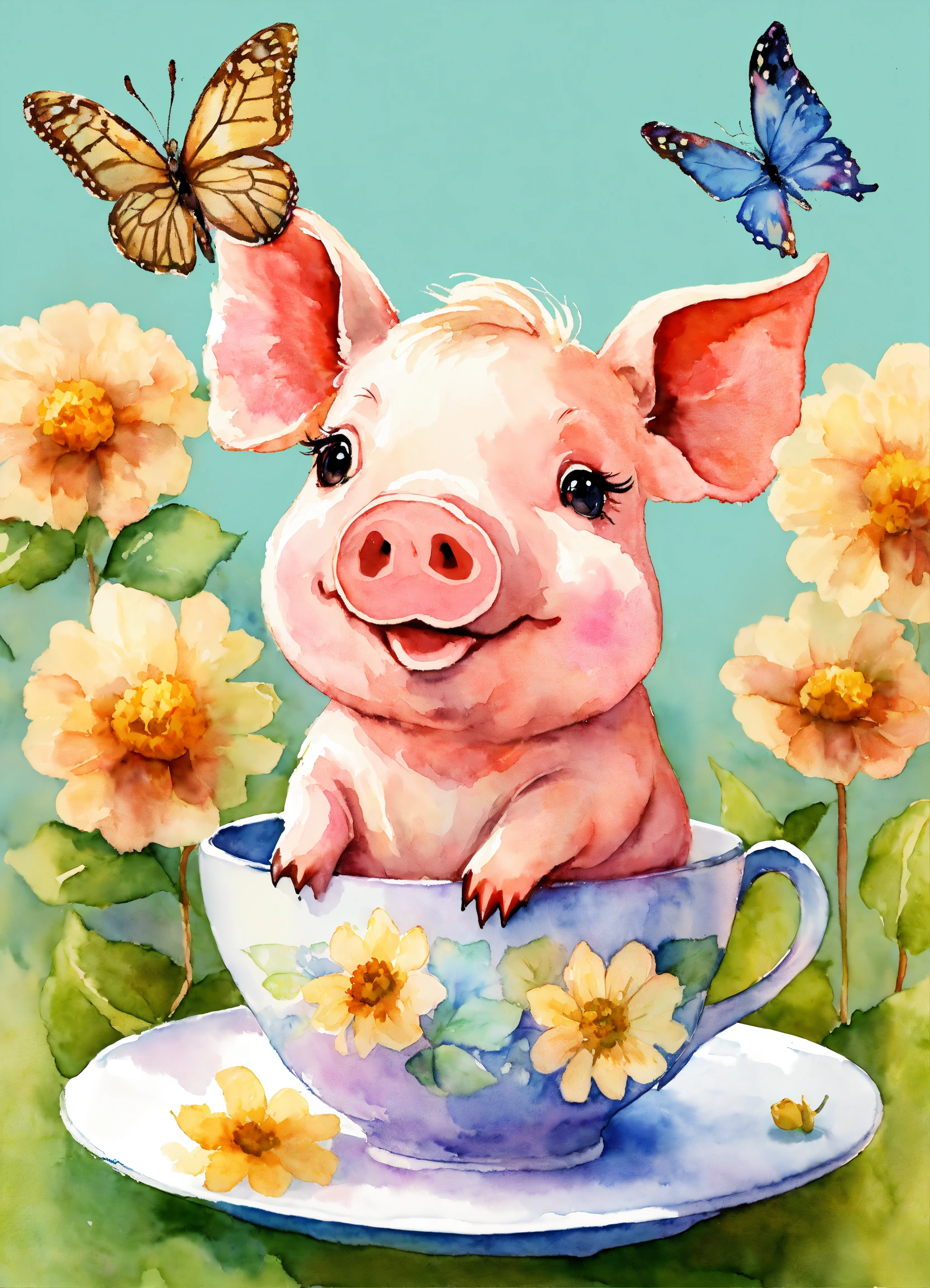 Милая счастливая свинья в чашке