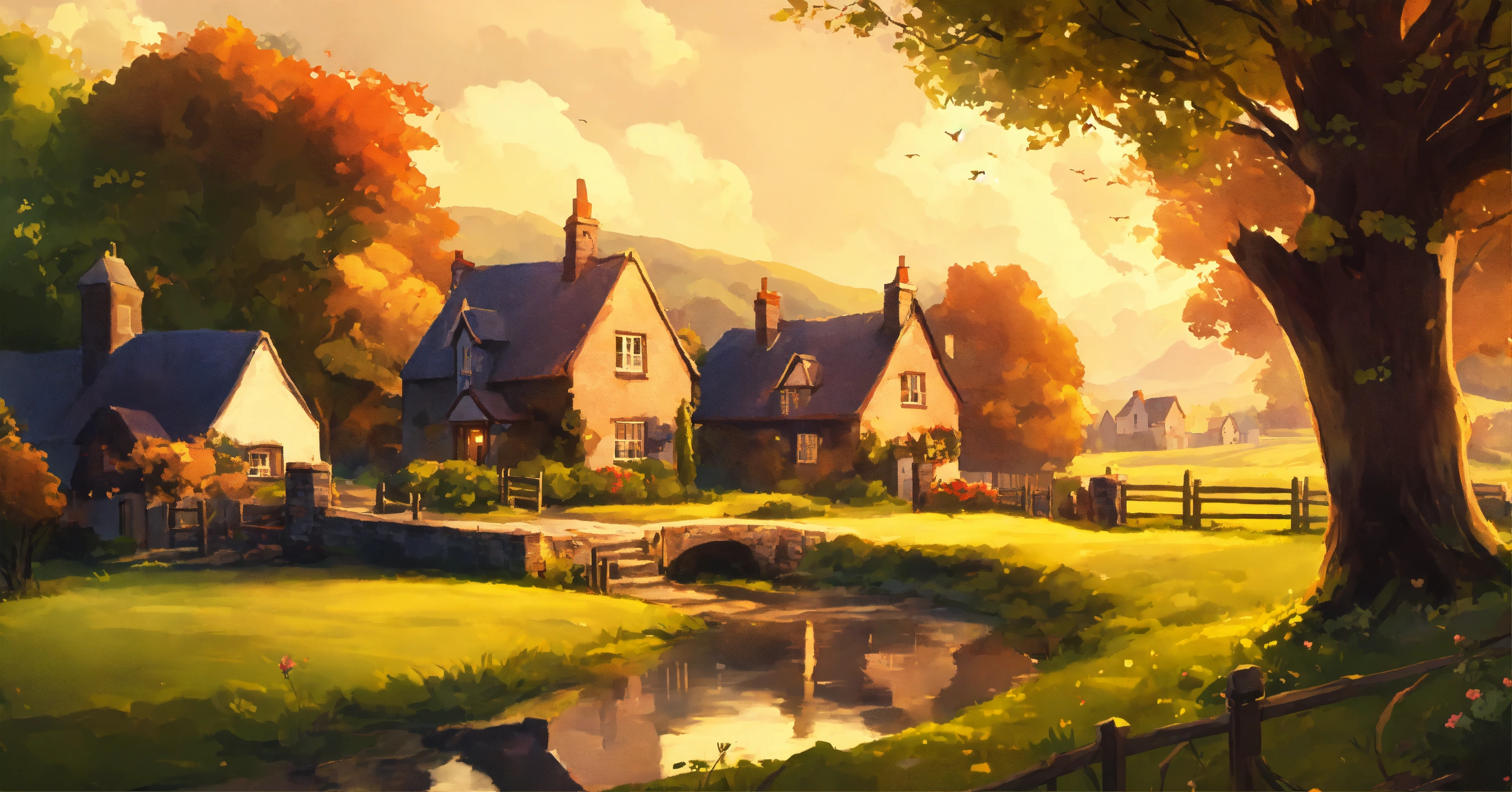 Пейзажные обои для рабочего стола с изображением красивой английской деревенской деревни в стиле иллюстратора Дональда Золана