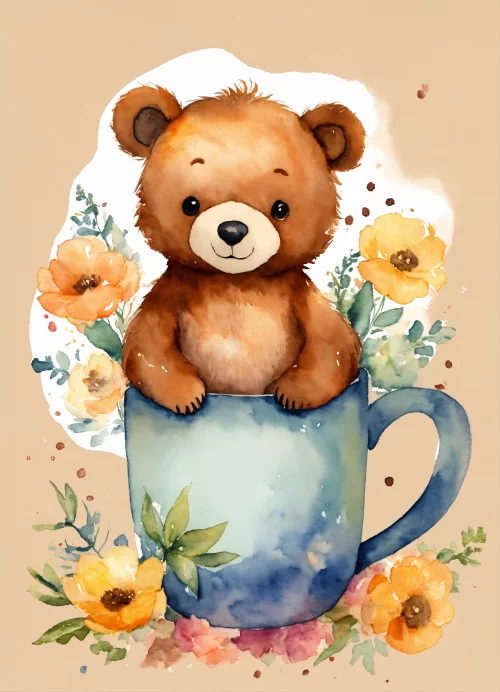 Милый медвежонок в кружке,  цветы вокруг