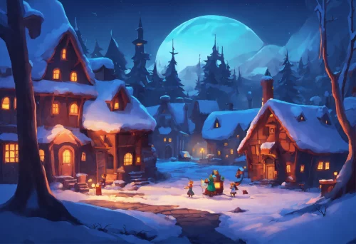 Мультяшный сказочный стиль изображения заброшенной деревни на таинственной светящейся площади странных людей зимой