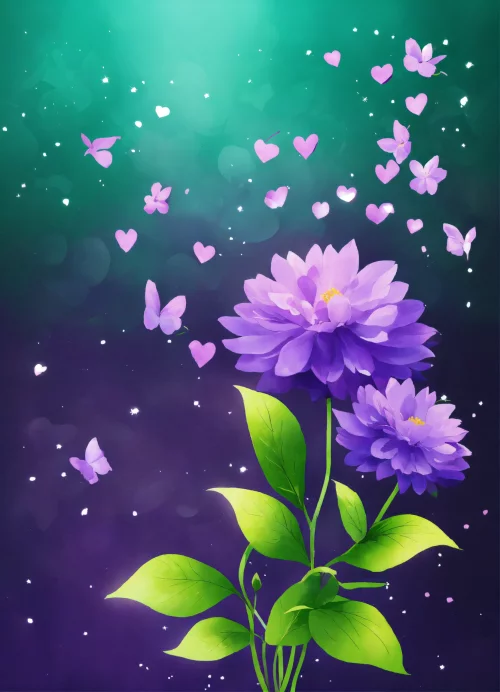 Создайте изображение фиолетовых цветов на мятно-зеленом фоне