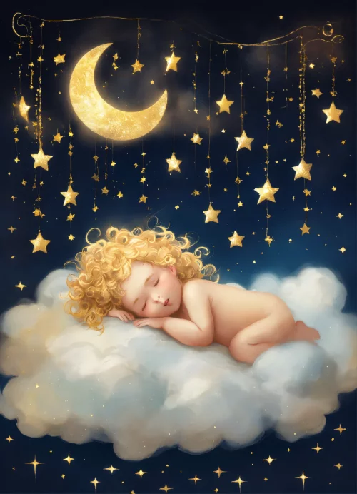 Маленький ангелочек с золотыми кудрями спит на облаке
