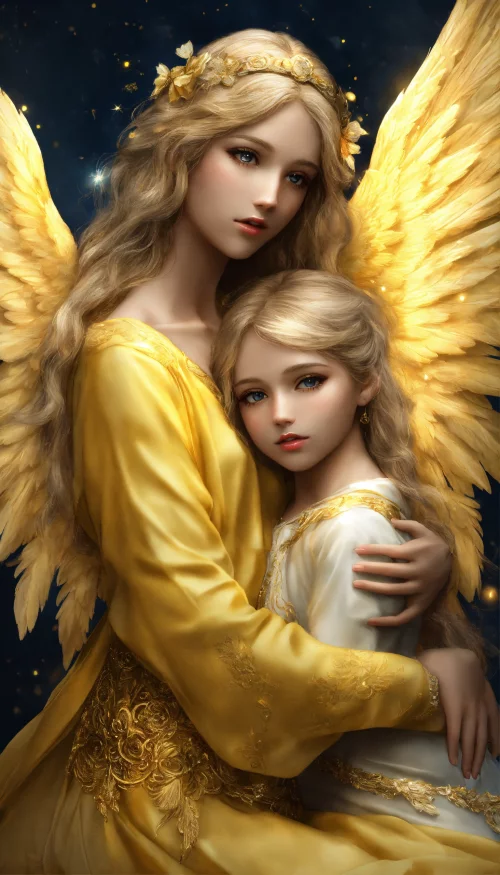 ангел-хранитель обнимает красивого и четко очерченного маленького ангела красивый и совершенный ангел-хранитель с четко очерченными желтыми крыльями ангела обнимает девушку с четко очерченными золотыми крыльями ангела красивые и детализированные лица очен