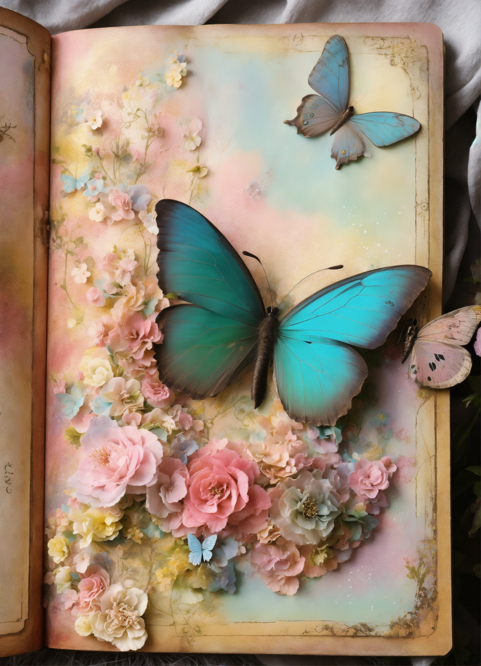 Потертый шик мечтательный туман пастельные мусорные журналы огромные потертый шик причудливые пастельные тона бабочки кружатся волшебная сказка в стиле абстрактного искусства